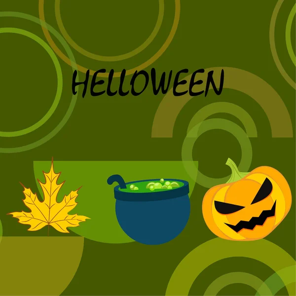 Halloween Autumn Pumpkin Fallen Leaf Witch Cauldron Vector Background — Stock Vector