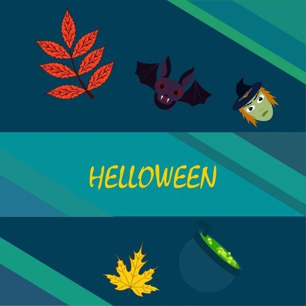 Halloween Autumn Fallen Leaves Witch Bat Pot Vector Background — Stock Vector