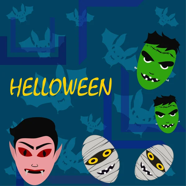 Fondo Azul Halloween Con Monstruos Murciélagos Ilustración Vectorial — Vector de stock