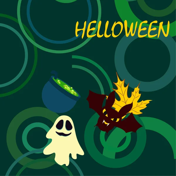 Halloween Jesień Spasionego Liścia Kociołek Bat Ghost Tło Wektor — Wektor stockowy