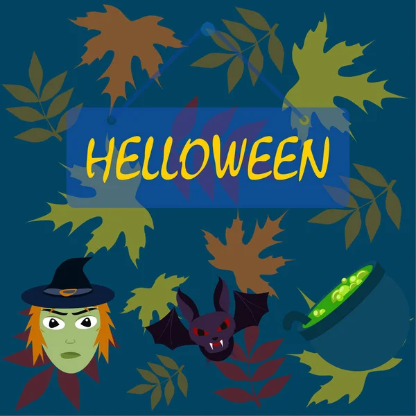 Halloween Podzimní Spadané Listí Čarodějnice Bat Hrnec Vektorové Pozadí — Stockový vektor