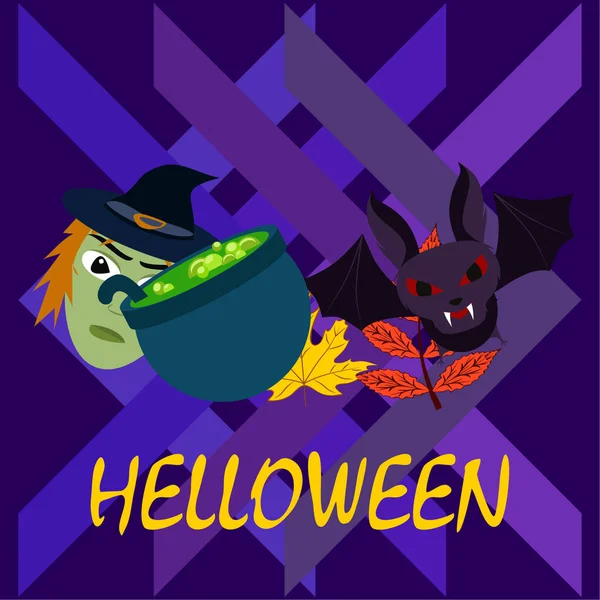 Gevallen Herfstbladeren Van Halloween Heks Vleermuis Pot Vector Achtergrond — Stockvector