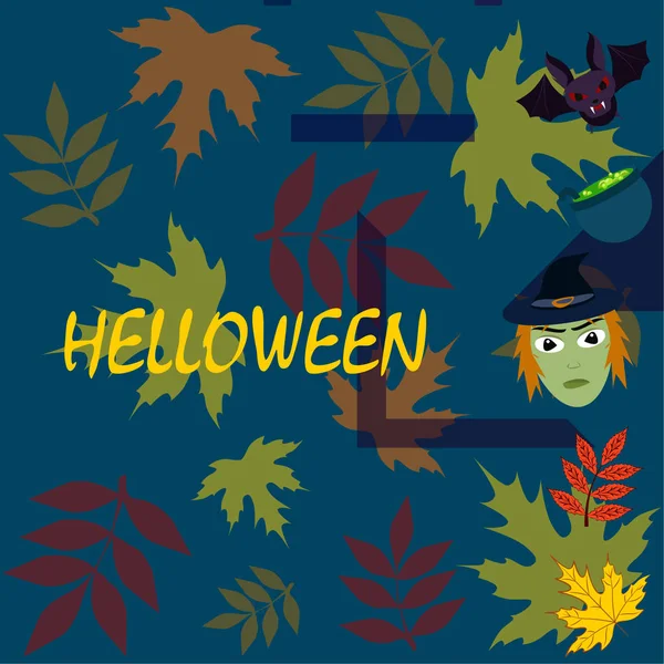 Halloween Otoño Hojas Caídas Bruja Murciélago Fondo Vector Olla — Vector de stock