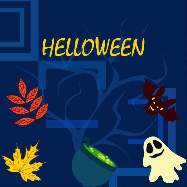 Halloween Autumn Background Leaves Cauldron Bat Ghost Vector Background — Stock Vector