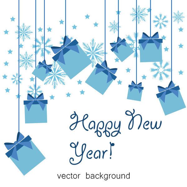  Greeting card with Christmas gifts. Vector illustration. Blue and white 