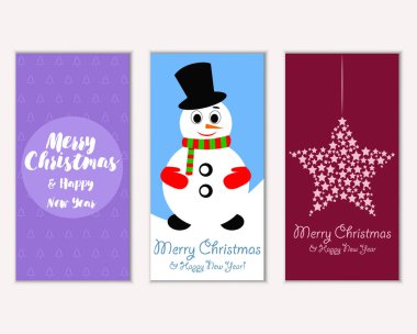 Renkli Noel kartları yılbaşı süsleri ve kardan adam vektör çizim ile