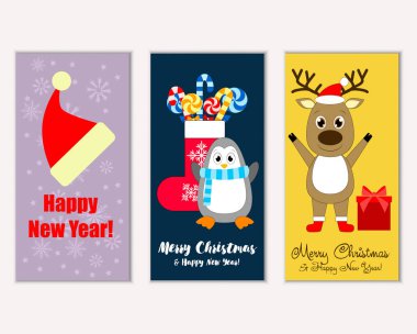 mutlu Noeller ve mutlu yeni yıl tebrik kartları vektör çizim   