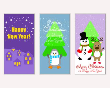 mutlu Noeller ve mutlu yeni yıl tebrik kartları vektör çizim