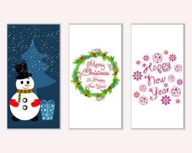 Renkli Noel kartları yılbaşı süsleri ve kardan adam vektör çizim ile