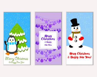 Renkli Noel kartları yılbaşı süsleri ve kardan adam vektör çizim ile