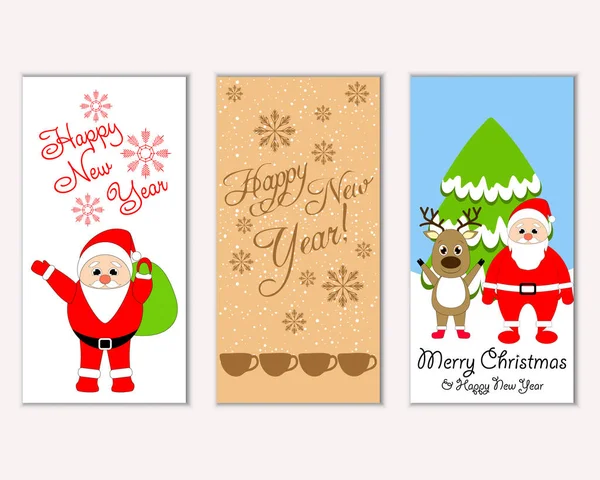 Tarjetas Navidad Coloridas Con Decoraciones Año Nuevo Ilustración Vectorial Santa — Archivo Imágenes Vectoriales