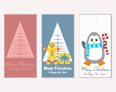 Mutlu Noeller ve mutlu yeni yıl tebrik kartları. Vektör çizim   