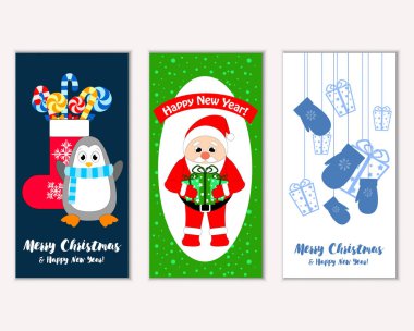 mutlu Noeller ve mutlu yeni yıl tebrik kartları vektör çizim   