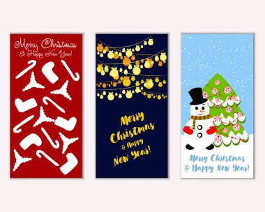 Renkli Noel kartları yılbaşı süsleri ve kardan adam vektör çizim ile