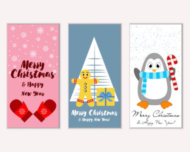 Mutlu Noeller ve mutlu yeni yıl tebrik kartları. Vektör çizim   