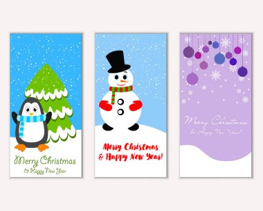 Renkli Noel kartları yılbaşı süsleri ve kardan adam vektör çizim ile