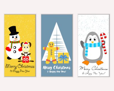 Mutlu Noeller ve mutlu yeni yıl tebrik kartları. Vektör çizim   