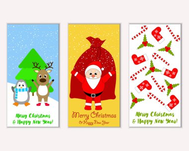 Mutlu Noeller ve mutlu yeni yıl tebrik kartları. Vektör çizim   
