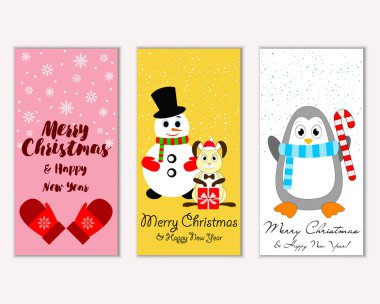 Mutlu Noeller ve mutlu yeni yıl tebrik kartları. Vektör çizim   