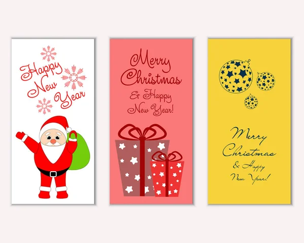 Bunte Weihnachtskarten Mit Neujahrsschmuck Und Weihnachtsmann Vektor Illustration — Stockvektor