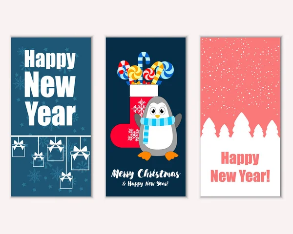 Vector Illustration Merry Christmas Happy New Year Greeting Cards — Stock Vector