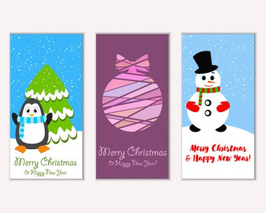 Renkli Noel kartları yılbaşı süsleri ve kardan adam vektör çizim ile