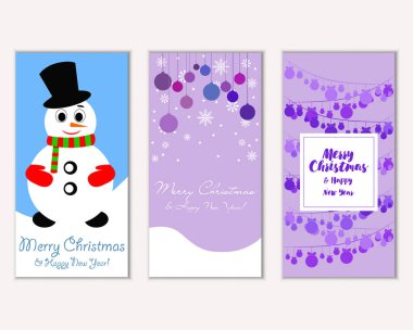 Renkli Noel kartları yılbaşı süsleri ve kardan adam vektör çizim ile