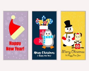 mutlu Noeller ve mutlu yeni yıl tebrik kartları vektör çizim   