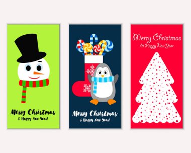 Renkli Noel kartları yılbaşı süsleri ve kardan adam vektör çizim ile