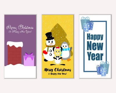 mutlu Noeller ve mutlu yeni yıl tebrik kartları vektör çizim     