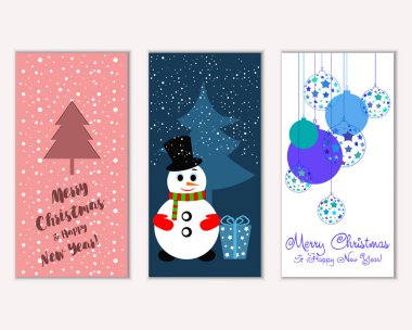 Renkli Noel kartları yılbaşı süsleri ve kardan adam vektör çizim ile