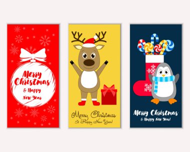 mutlu Noeller ve mutlu yeni yıl tebrik kartları vektör çizim   