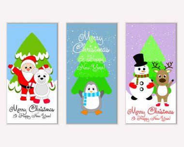 mutlu Noeller ve mutlu yeni yıl tebrik kartları vektör çizim