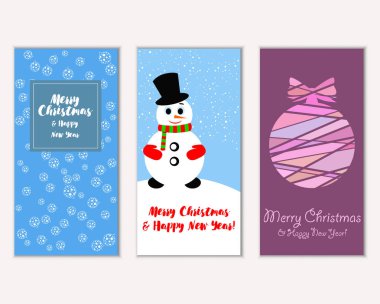Renkli Noel kartları yılbaşı süsleri ve kardan adam vektör çizim ile