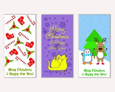Mutlu Noeller ve mutlu yeni yıl tebrik kartları. Vektör çizim   
