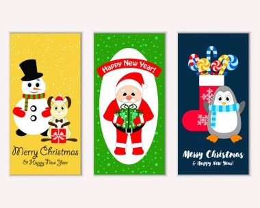 mutlu Noeller ve mutlu yeni yıl tebrik kartları vektör çizim   