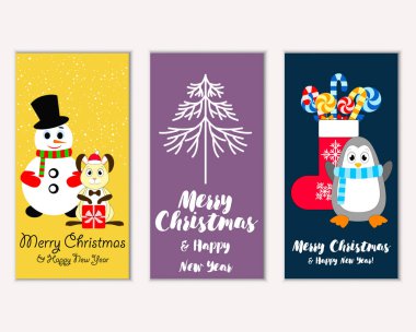 mutlu Noeller ve mutlu yeni yıl tebrik kartları vektör çizim   