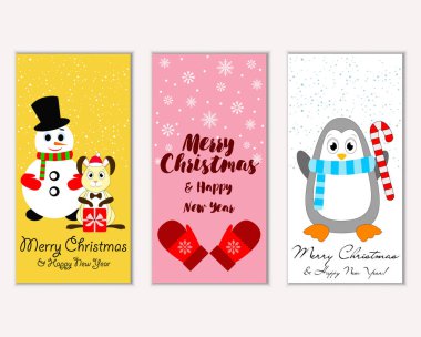 Mutlu Noeller ve mutlu yeni yıl tebrik kartları. Vektör çizim   