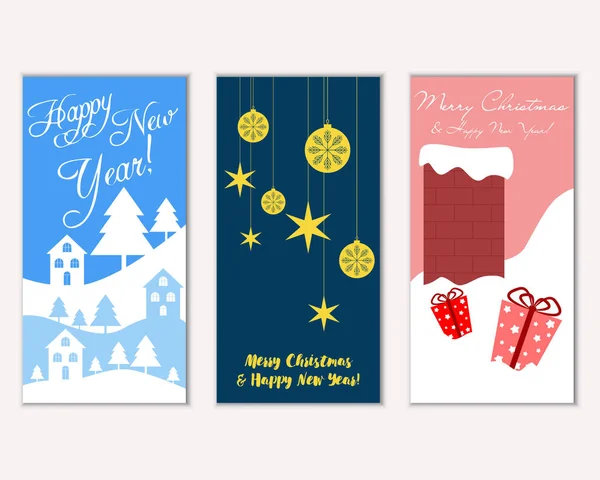 Tarjetas Navidad Coloridas Con Decoraciones Año Nuevo Ilustración Vectorial — Vector de stock