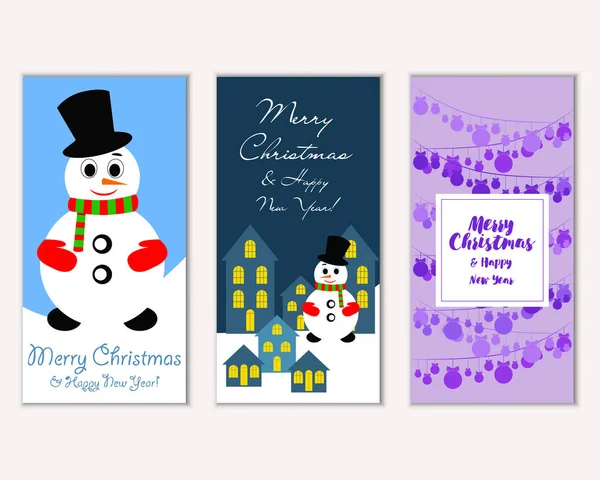 Renkli Noel kartları yılbaşı süsleri ve kardan adam vektör çizim ile