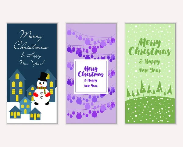 Biglietti Natale Colorati Con Decorazioni Capodanno Illustrazione Vettoriale Pupazzo Neve — Vettoriale Stock