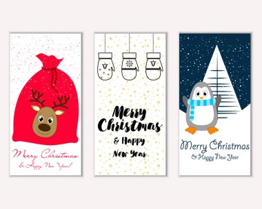 mutlu Noeller ve mutlu yeni yıl tebrik kartları vektör çizim     