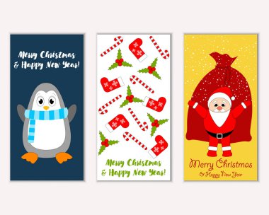 Mutlu Noeller ve mutlu yeni yıl tebrik kartları. Vektör çizim   