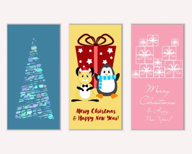 Mutlu Noeller ve mutlu yeni yıl tebrik kartları. Vektör çizim 
