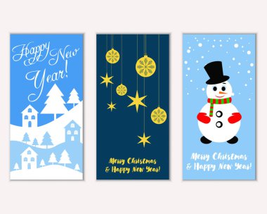 Renkli Noel kartları yılbaşı süsleri ve kardan adam vektör çizim ile