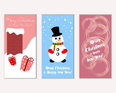 Renkli Noel kartları yılbaşı süsleri ve kardan adam vektör çizim ile