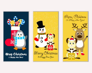 mutlu Noeller ve mutlu yeni yıl tebrik kartları vektör çizim   