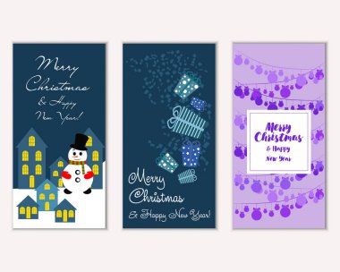 Renkli Noel kartları yılbaşı süsleri ve kardan adam vektör çizim ile