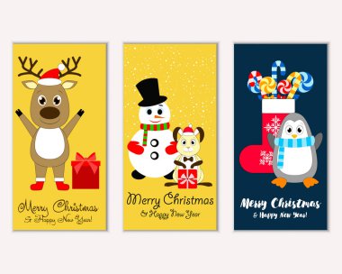 mutlu Noeller ve mutlu yeni yıl tebrik kartları vektör çizim   