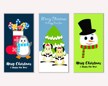 Renkli Noel kartları yılbaşı süsleri ve kardan adam vektör çizim ile